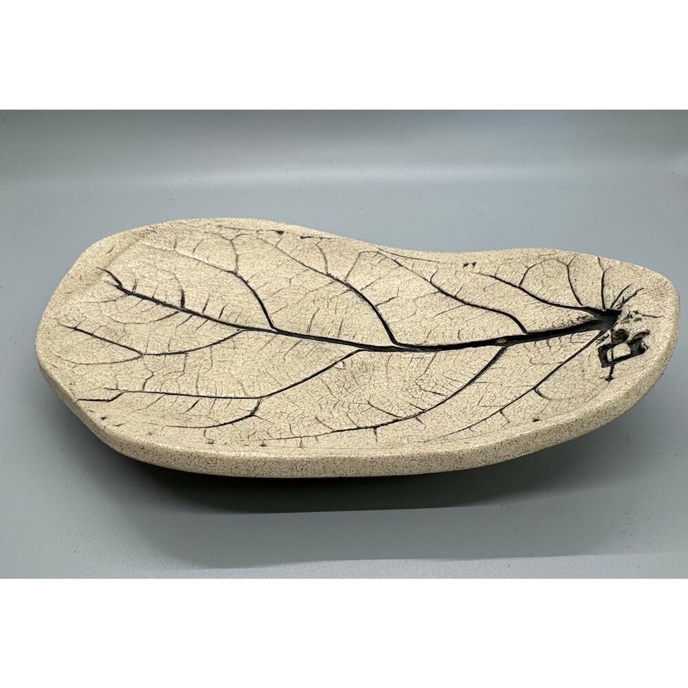 Signed Leaf Pottery Tray Trinket Dish Handmade Pressed White Black Vein Footed - Picture 5 of 7